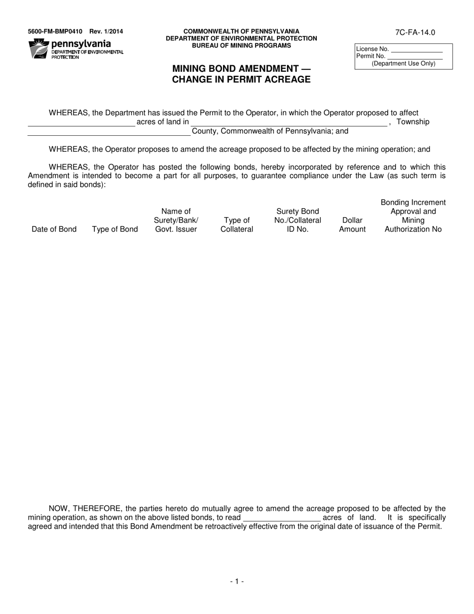 Form 5600-FM-BMP0410 Mining Bond Amendment - Change in Permit Acreage - Pennsylvania, Page 1