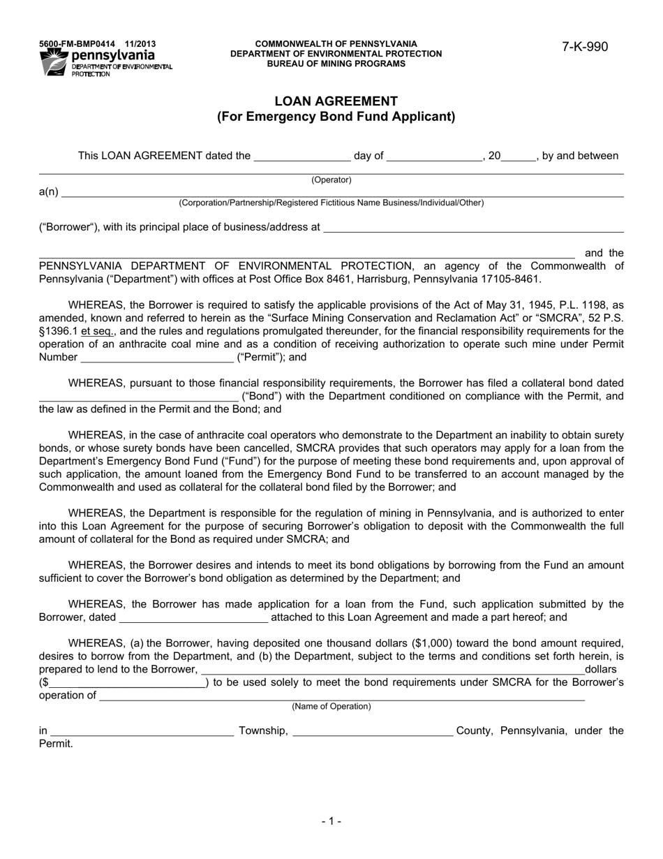 Form 5600-FM-BMP0414 Loan Agreement (For Emergency Bond Fund Applicant) - Pennsylvania, Page 1