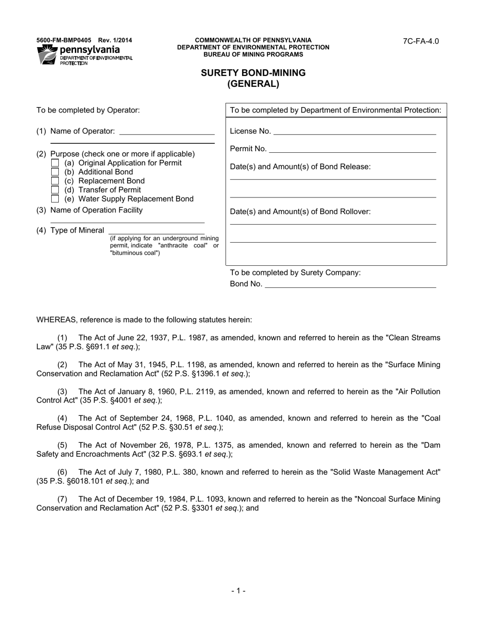 Form 5600-FM-BMP0405 Surety Bond-Mining (General) - Pennsylvania, Page 1