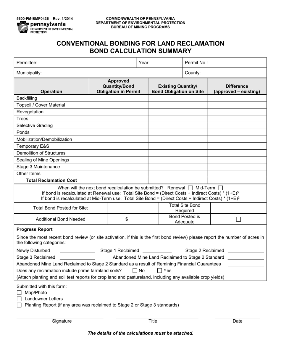 Form 5600-FM-BMP0436 Conventional Bonding for Land Reclamation Bond Calculation Summary - Pennsylvania, Page 1