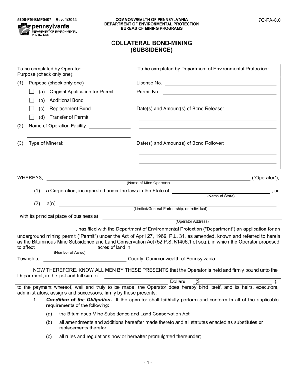 Form 5600-FM-BMP0407 Collateral Bond-Mining (Subsidence) - Pennsylvania, Page 1