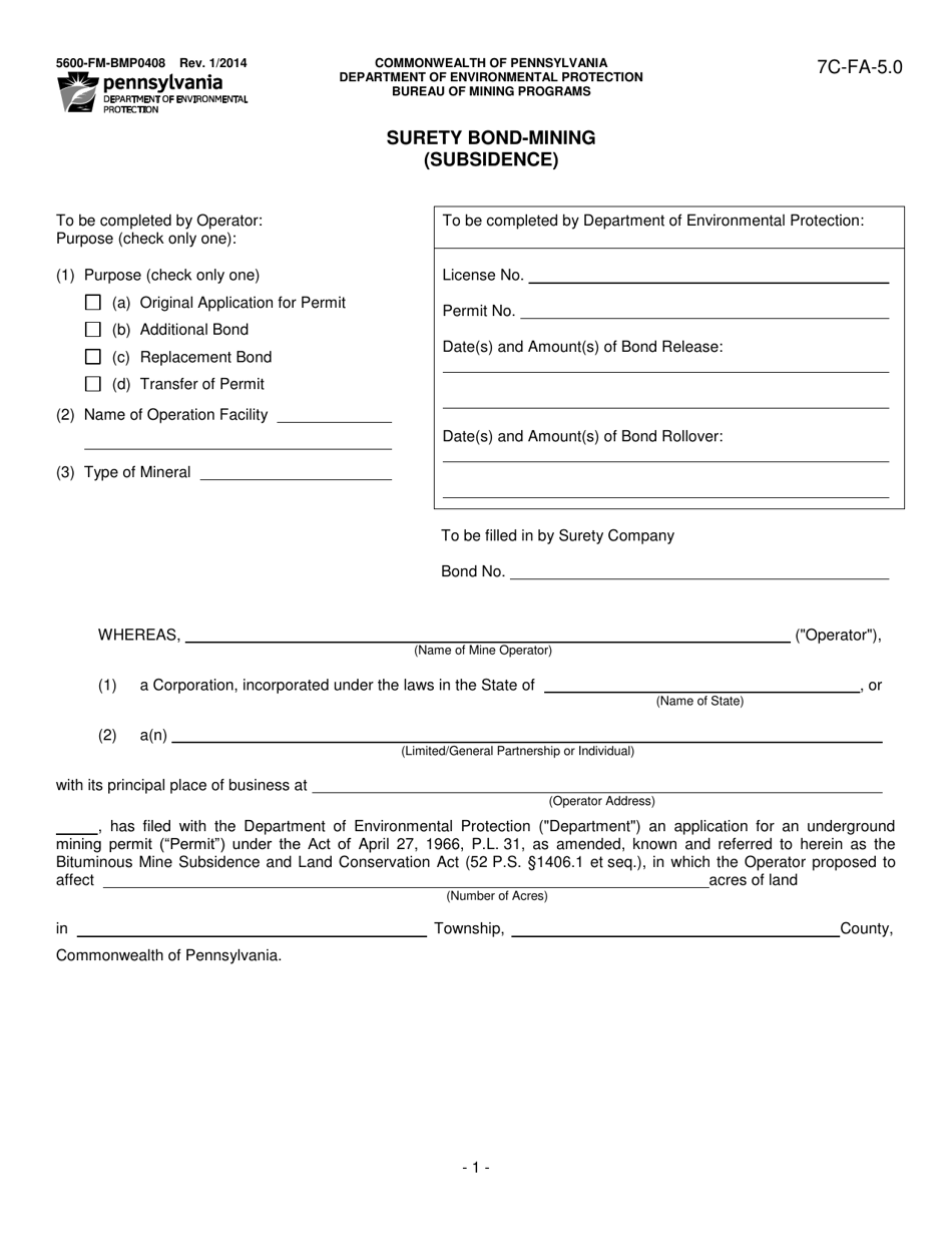 Form 5600-FM-BMP0408 Surety Bond-Mining (Subsidence) - Pennsylvania, Page 1