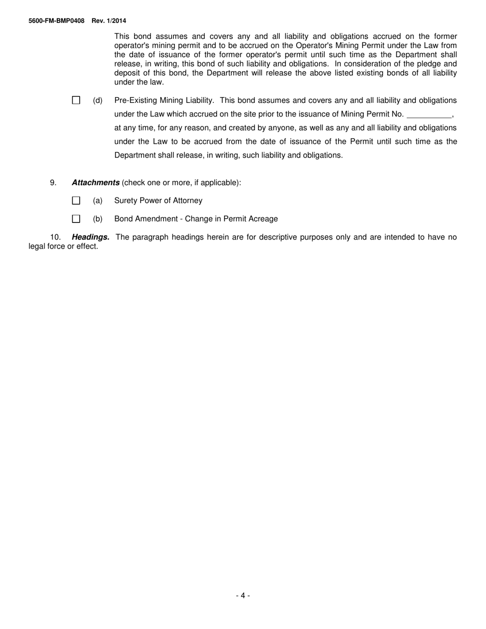 Form 5600-FM-BMP0408 Surety Bond-Mining (Subsidence) - Pennsylvania, Page 4