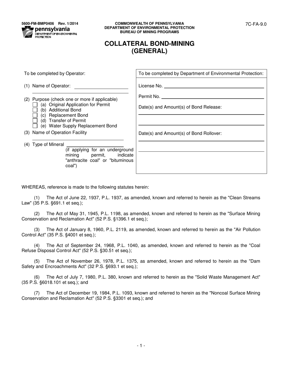 Form 5600-FM-BMP0406 Collateral Bond-Mining (General) - Pennsylvania, Page 1