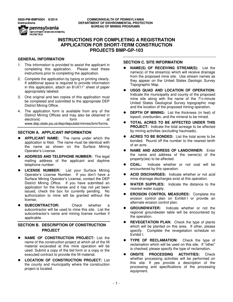 Instructions for Form 5600-PM-BMP0004 General Permit for Short-Term Construction Projects Bmp-Gp-103 Registration / Application - Pennsylvania, Page 1