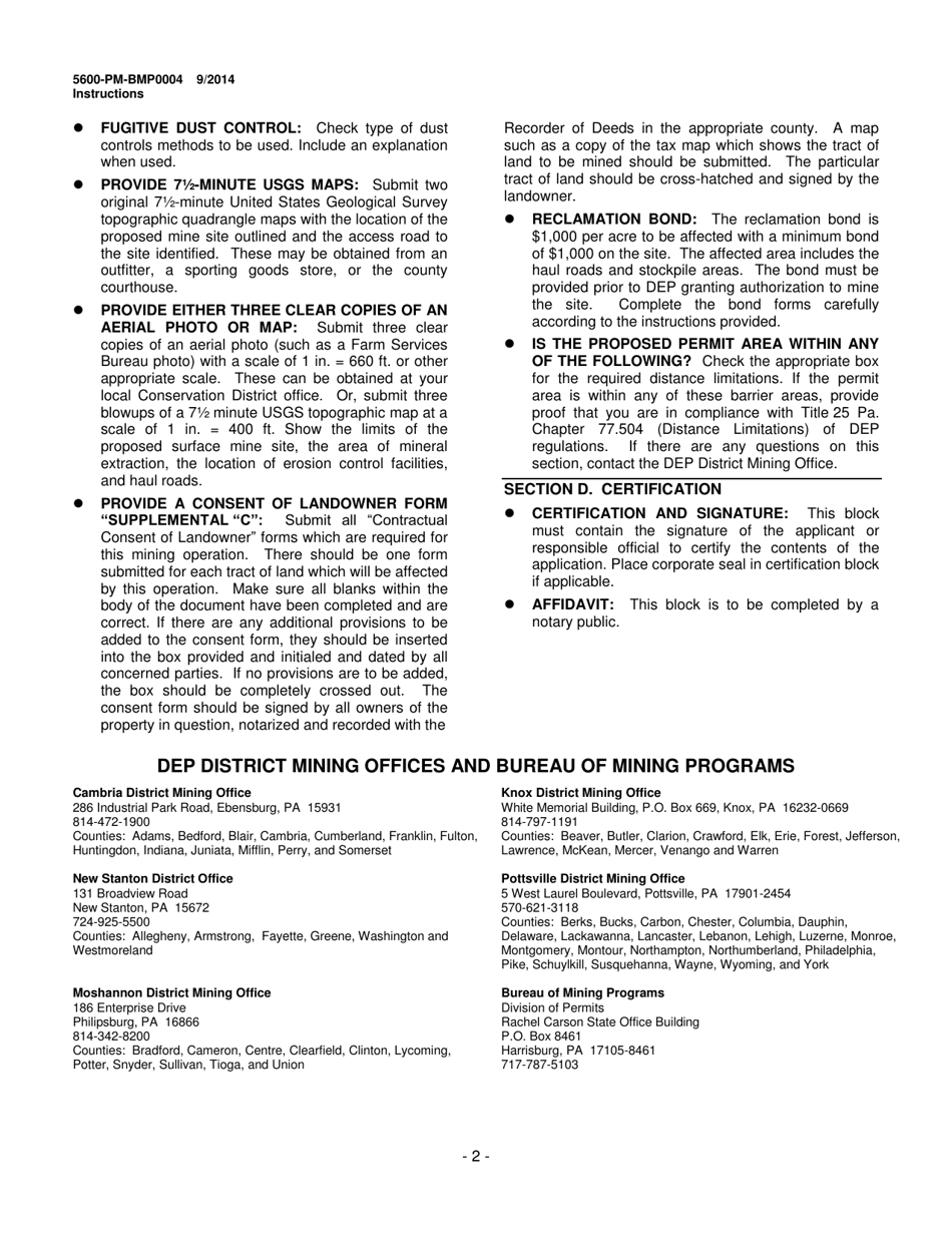 Instructions for Form 5600-PM-BMP0004 General Permit for Short-Term Construction Projects Bmp-Gp-103 Registration / Application - Pennsylvania, Page 2
