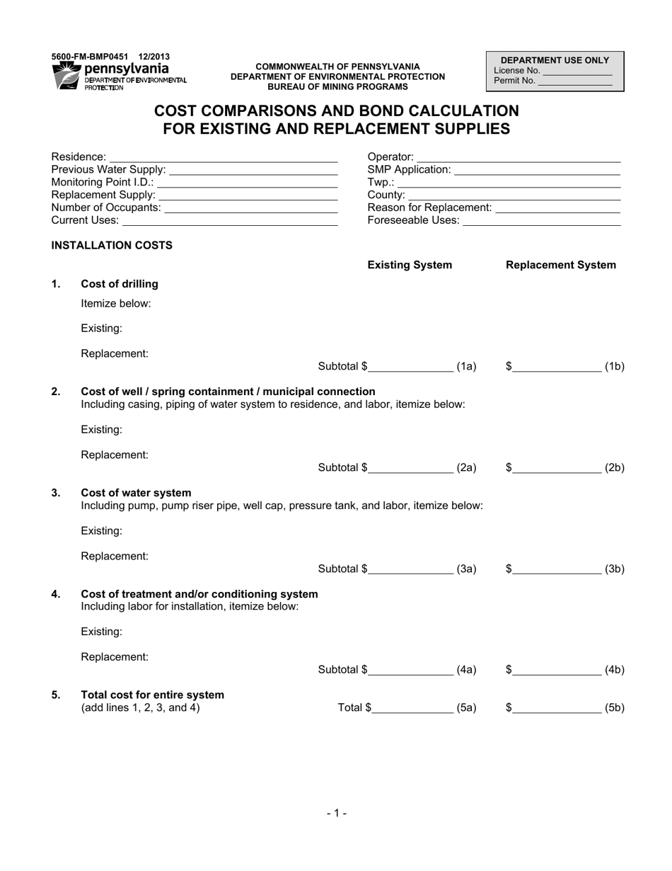 Form 5600-FM-BMP0451 Cost Comparisons and Bond Calculation for Existing and Replacement Supplies - Pennsylvania, Page 1