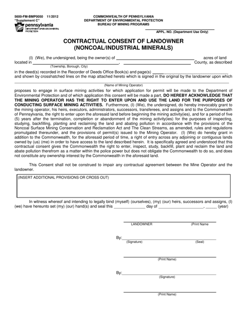 Form 5600-FM-BMP0050 Supplement C Contractual Consent of Landowner (Noncoal/Industrial Minerals) - Pennsylvania