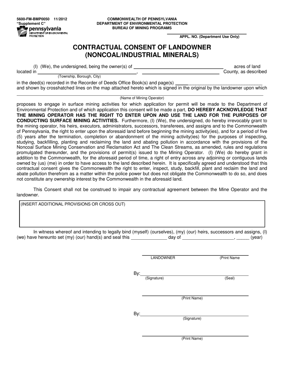 Form 5600-FM-BMP0050 Supplement C Contractual Consent of Landowner (Noncoal / Industrial Minerals) - Pennsylvania, Page 1
