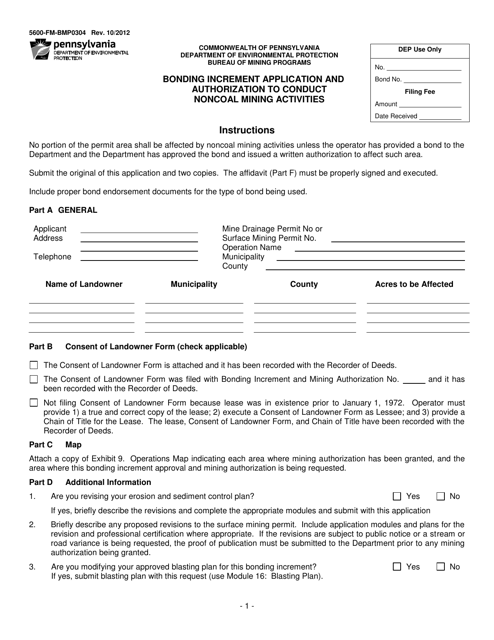 Form 5600-FM-BMP0304 Bonding Increment Application and Authorization to Conduct Noncoal Mining Activities - Pennsylvania