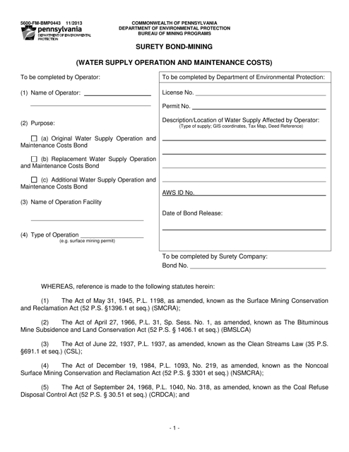 Form 5600-FM-BMP0443 Surety Bond-Mining (Water Supply Operation and Maintenance Costs) - Pennsylvania
