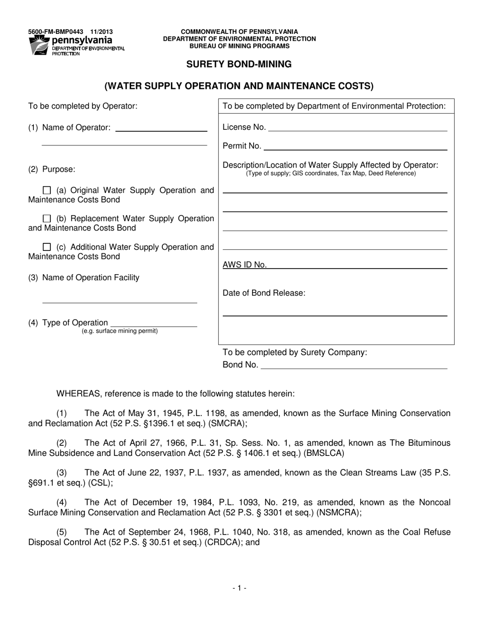Form 5600-FM-BMP0443 Surety Bond-Mining (Water Supply Operation and Maintenance Costs) - Pennsylvania, Page 1