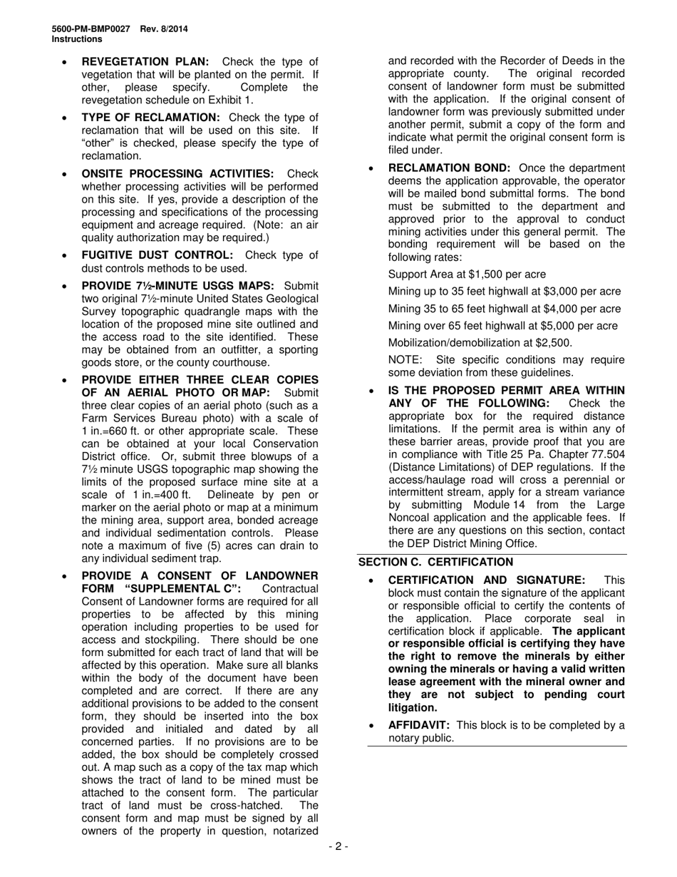 Instructions for Form 5600-PM-BMP0027 General Permit for Bluestone (5 Acres or Less) Mining Bmp-Gp-105 Registration / Application - Pennsylvania, Page 2