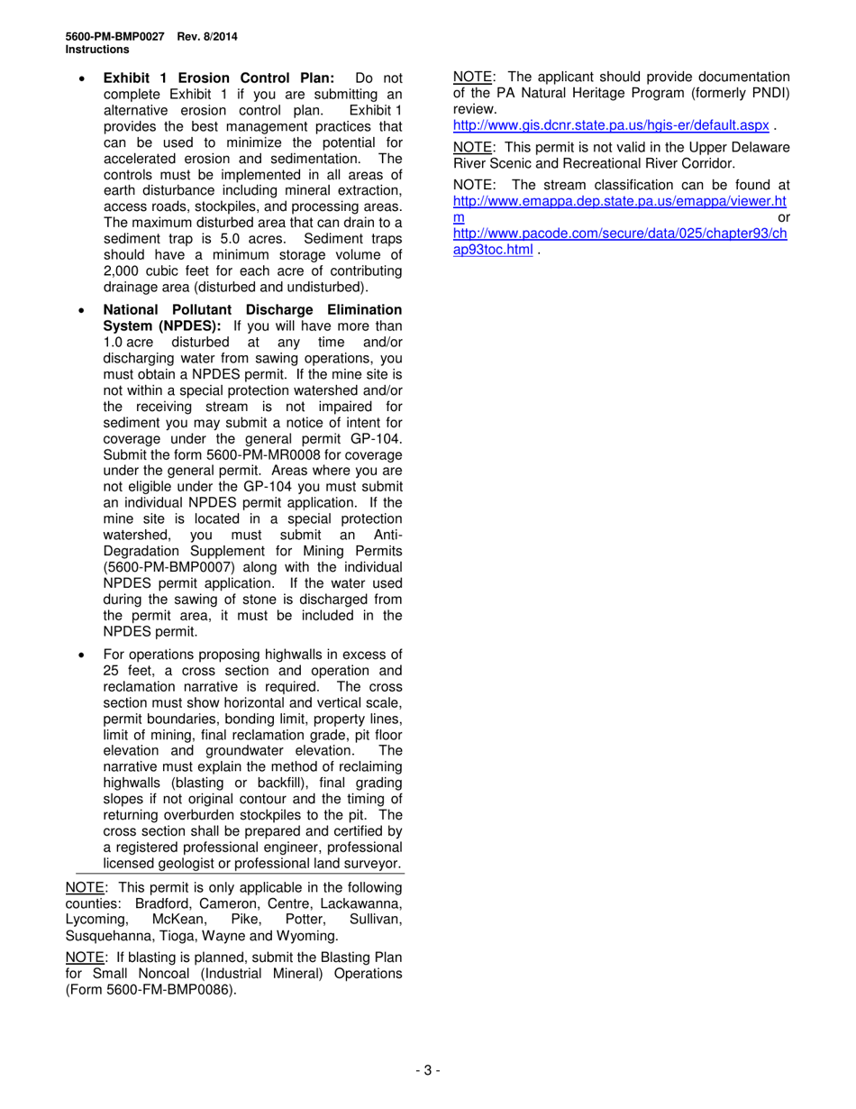 Instructions for Form 5600-PM-BMP0027 General Permit for Bluestone (5 Acres or Less) Mining Bmp-Gp-105 Registration / Application - Pennsylvania, Page 3