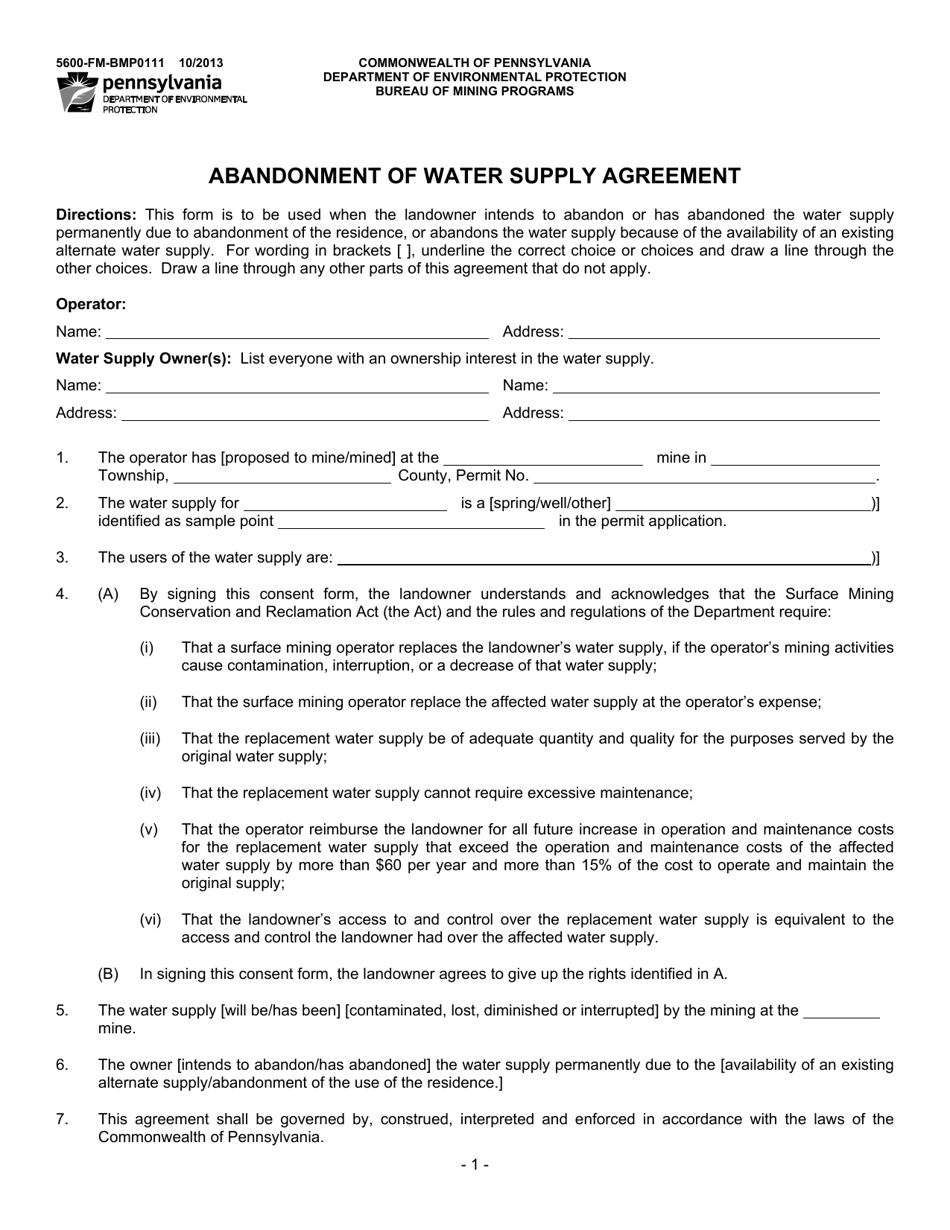 Form 5600-FM-BMP0111 Abandonment of Water Supply Agreement - Pennsylvania, Page 1