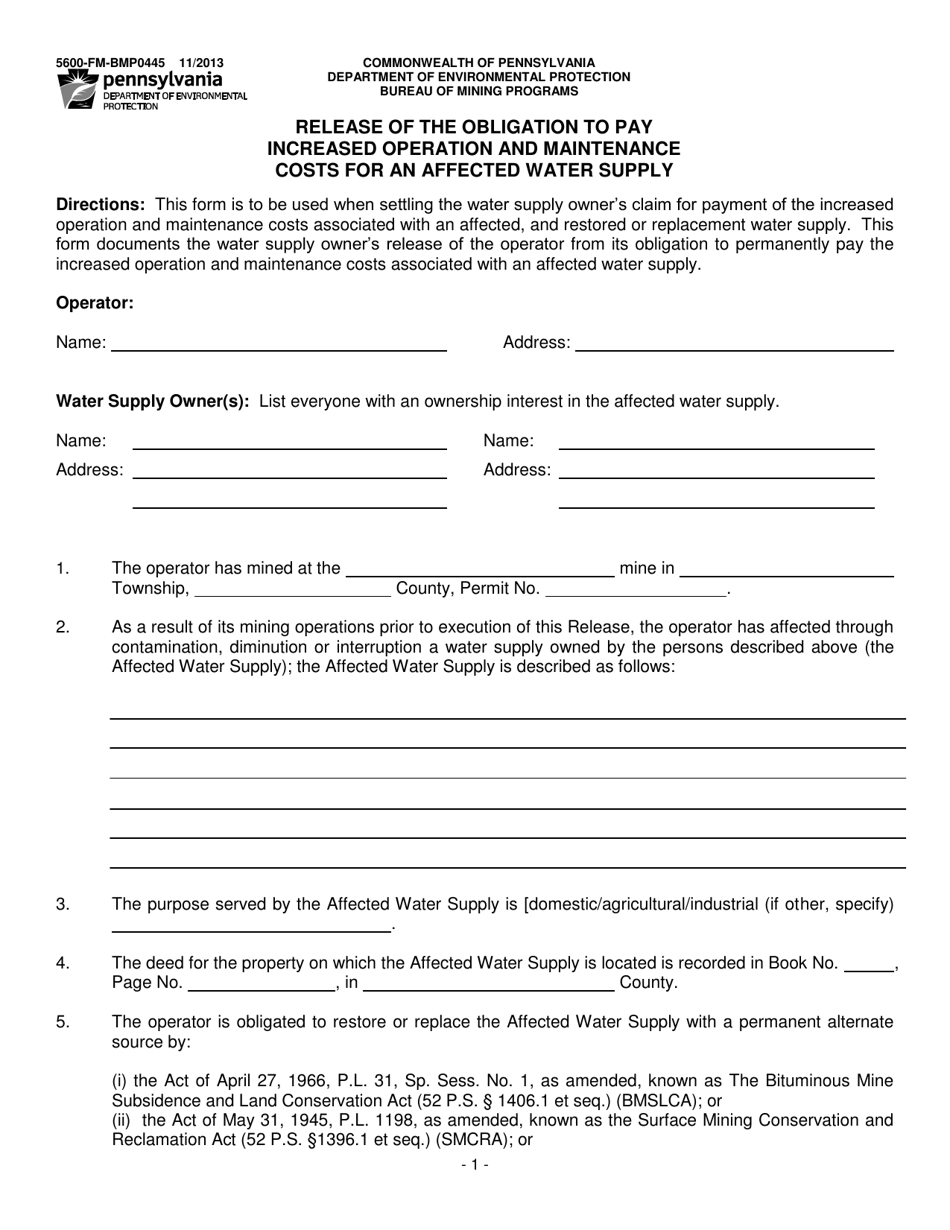 Form 5600-FM-BMP0445 Release of the Obligation to Pay Increased Operation and Maintenance Costs for an Affected Water Supply - Pennsylvania, Page 1
