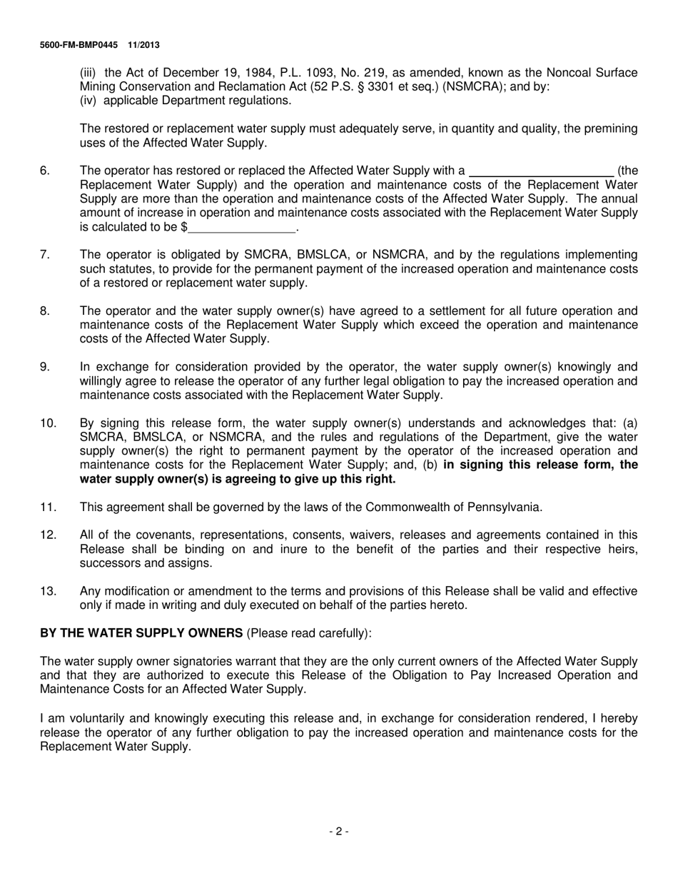 Form 5600-FM-BMP0445 Release of the Obligation to Pay Increased Operation and Maintenance Costs for an Affected Water Supply - Pennsylvania, Page 2