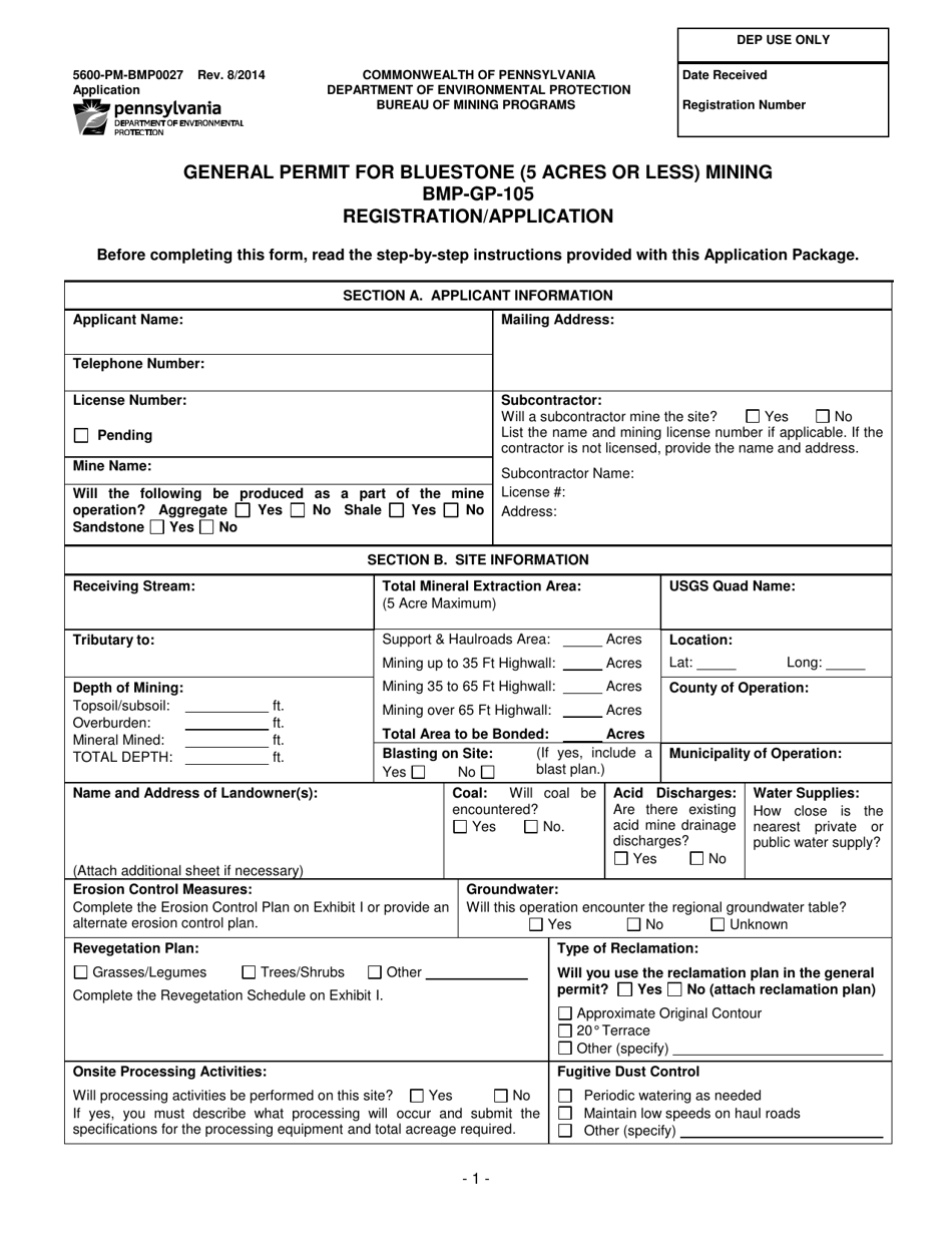 Form 5600-PM-BMP0027 General Permit for Bluestone (5 Acres or Less) Mining Bmp-Gp-105 Registration / Application - Pennsylvania, Page 1