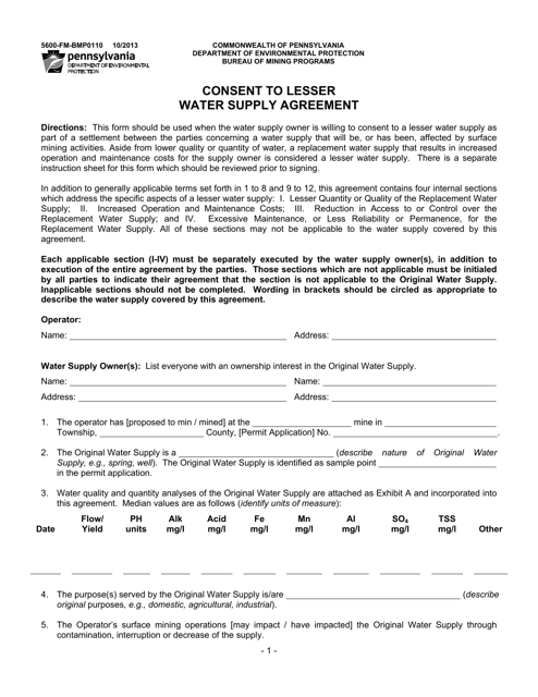 Form 5600-FM-BMP0110 Consent to Lesser Water Supply Agreement - Pennsylvania