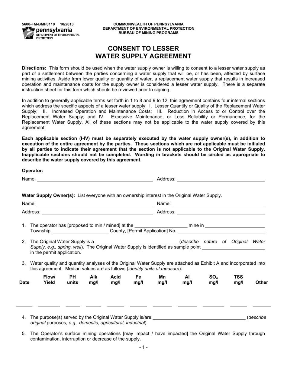 Form 5600-FM-BMP0110 Consent to Lesser Water Supply Agreement - Pennsylvania, Page 1