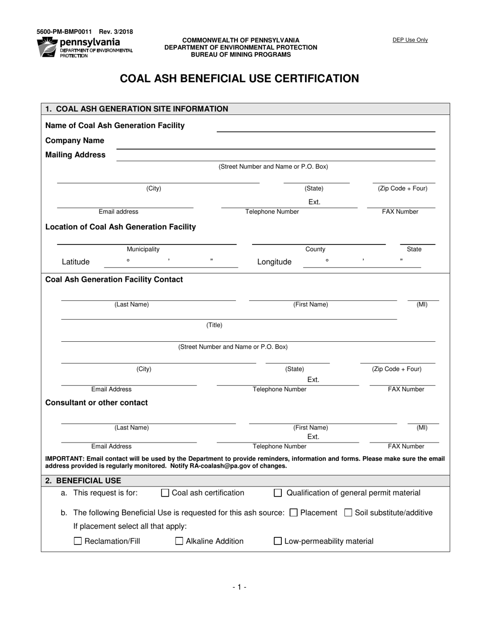 Form 5600-PM-BMP0011 Coal Ash Beneficial Use Certification - Pennsylvania, Page 1