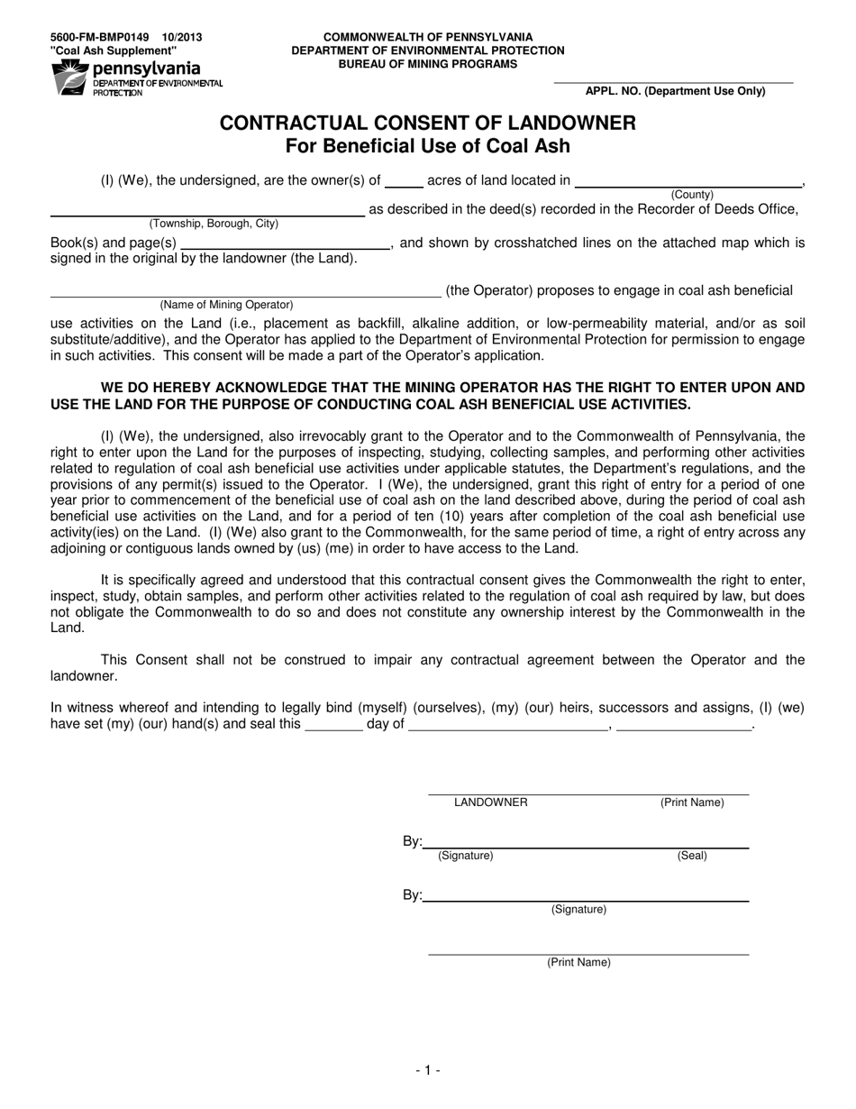 Form 5600-FM-BMP0149 Contractual Consent of Landowner for Beneficial Use of Coal Ash - Pennsylvania, Page 1