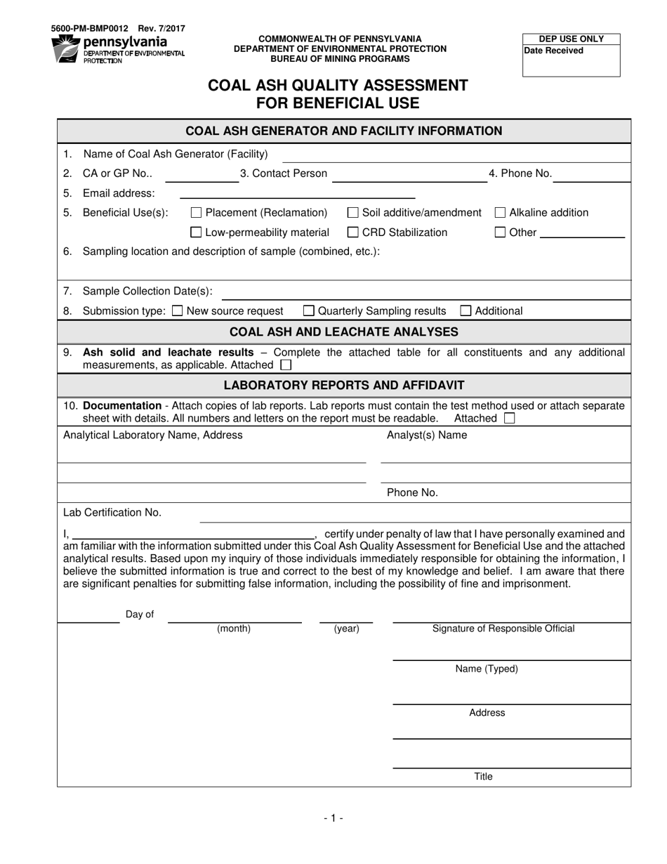Form 5600-PM-BMP0012 Coal Ash Quality Assessment for Beneficial Use - Pennsylvania, Page 1