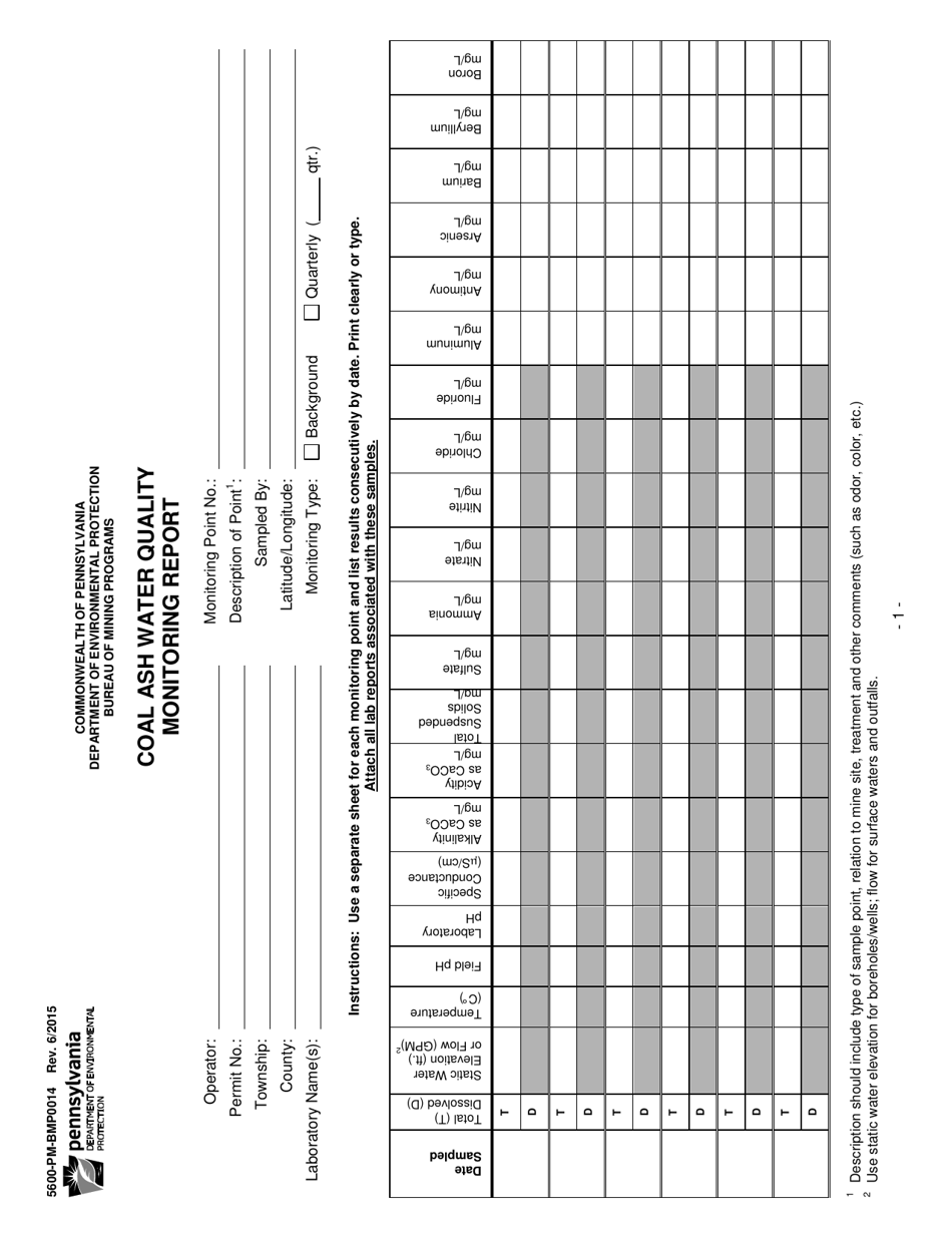 Form 5600-PM-BMP0014 Coal Ash Water Quality Monitoring Report - Pennsylvania, Page 1