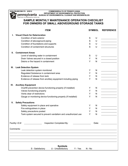 Form 2630-FM-BECB0170 Sample Monthly Maintenance Operation Checklist for Owners of Small Aboveground Storage Tanks - Pennsylvania