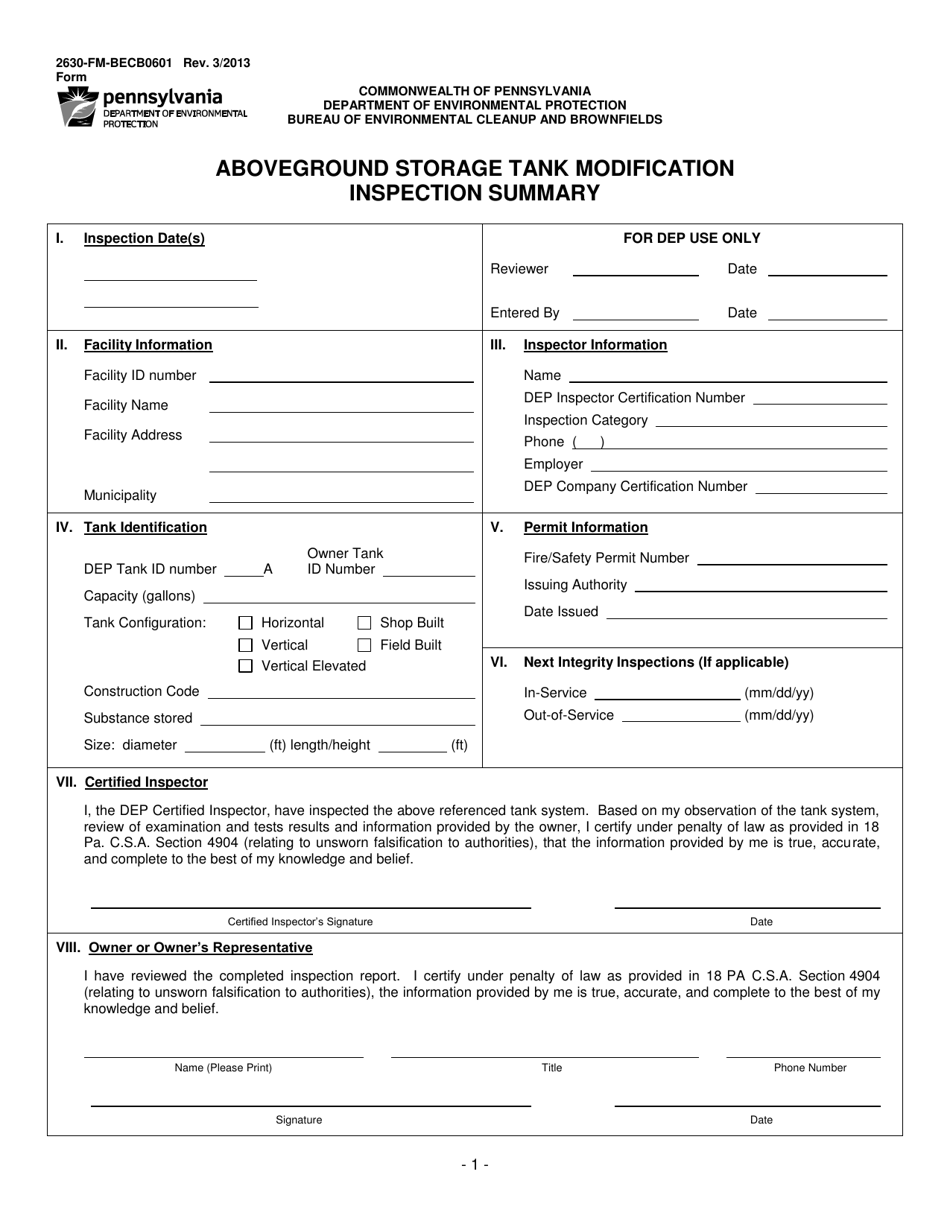 Form 2630-FM-BECB0601 Aboveground Storage Tank Modification Inspection Summary - Pennsylvania, Page 1