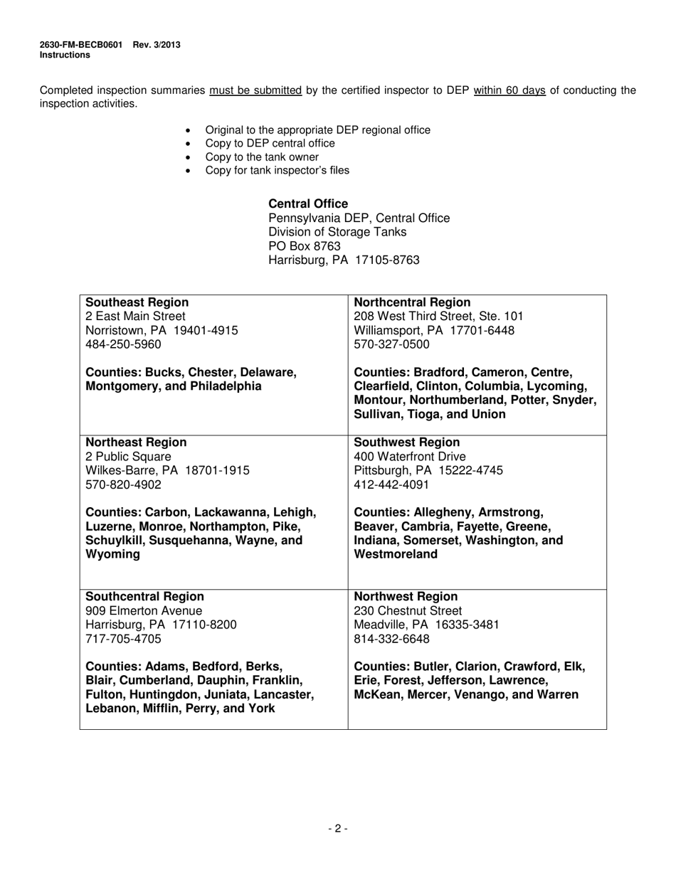 Instructions for Form 2630-FM-BECB0601 Aboveground Storage Tank Modification Inspection Summary - Pennsylvania, Page 2