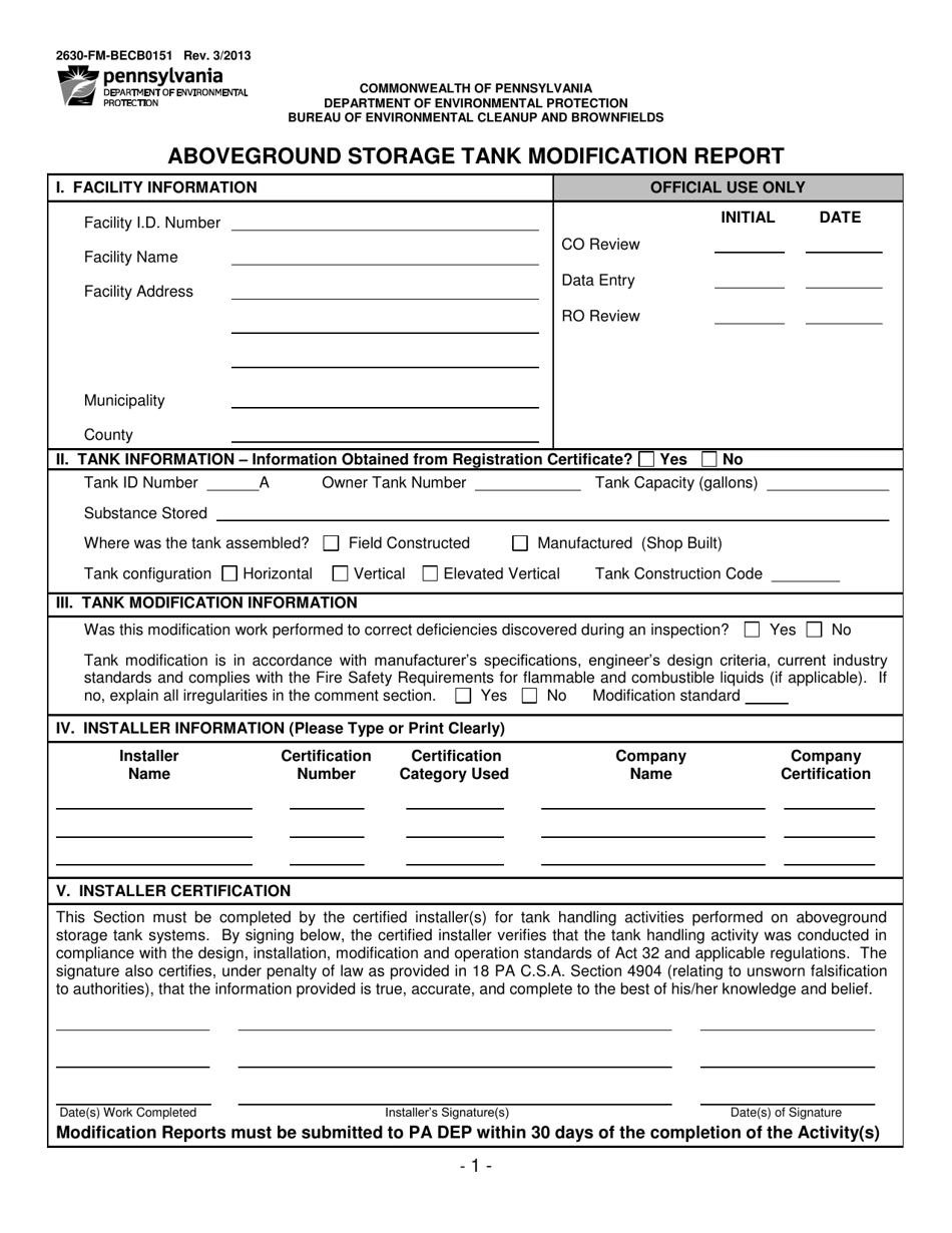 Form 2630-FM-BECB0151 Aboveground Storage Tank Modification Report - Pennsylvania, Page 1