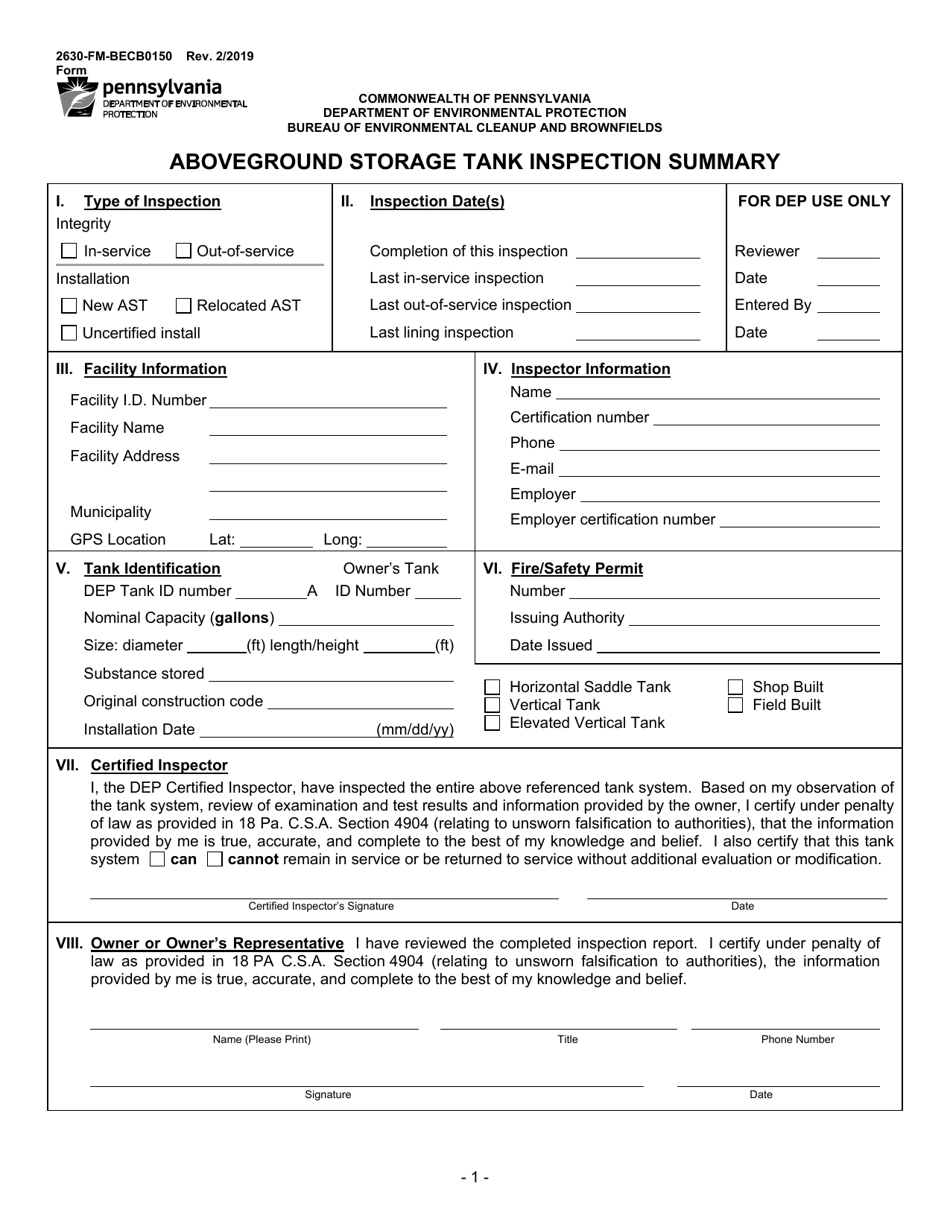 Form 2630-FM-BECB0150 Aboveground Storage Tank Inspection Summary - Pennsylvania, Page 1