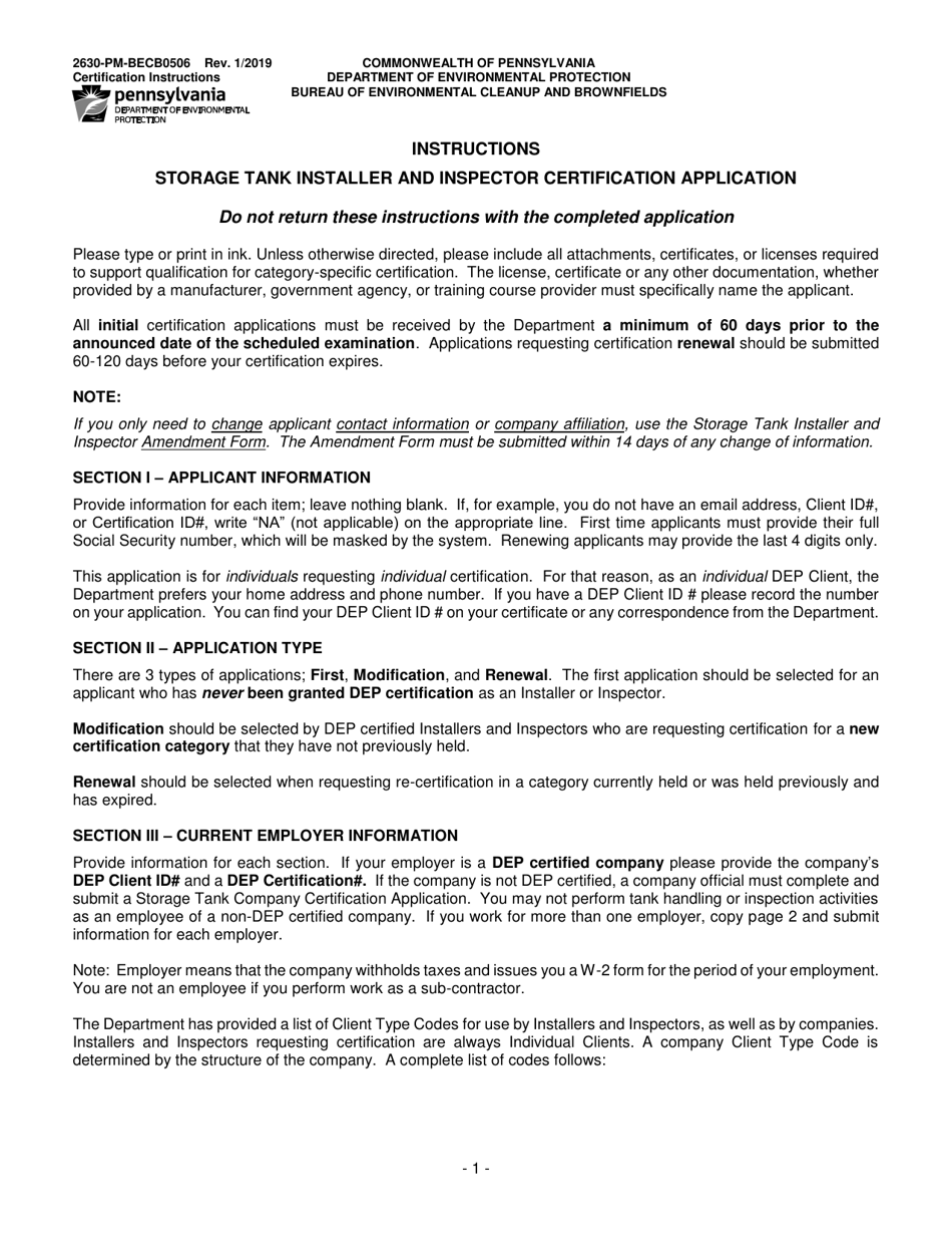 Instructions for Form 2630-PM-BECB0506 Storage Tank Installer and Inspector Certification Application - Pennsylvania, Page 1