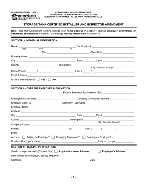 Form 2630-PM-BECB0506A Storage Tank Certified Installer and Inspector Amendment - Pennsylvania