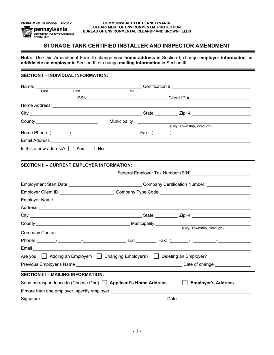 Form 2630-PM-BECB0506A Storage Tank Certified Installer and Inspector Amendment - Pennsylvania, Page 1