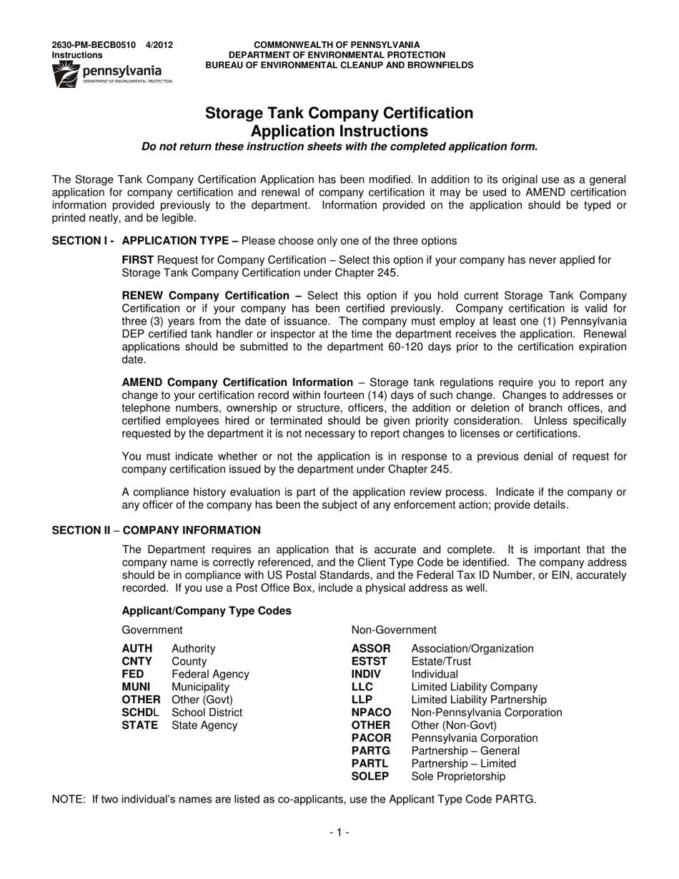 Instructions for Form 2630-PM-BECB0510 Storage Tank Company Certification Application - Pennsylvania, Page 1