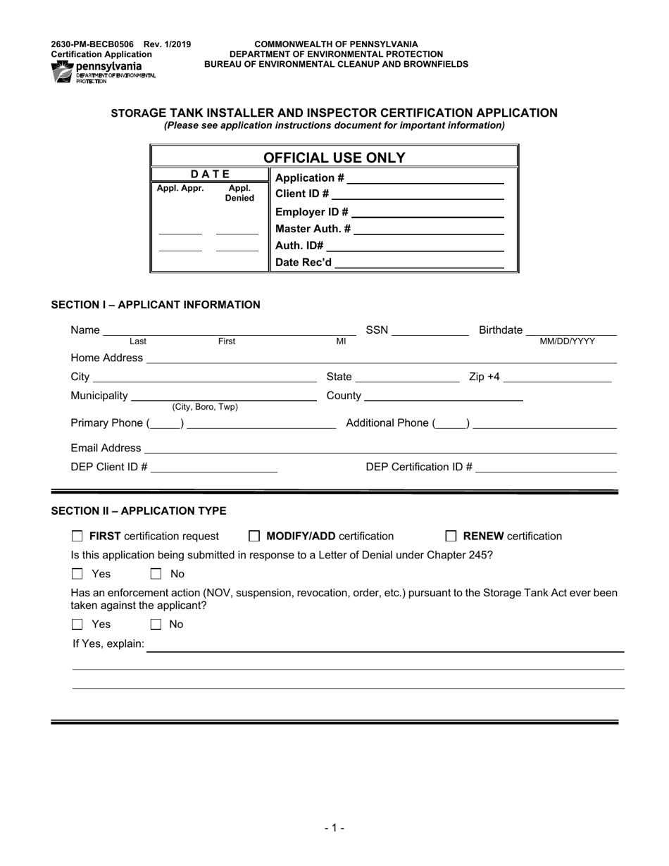 Form 2630-PM-BECB0506 Storage Tank Installer and Inspector Certification Application - Pennsylvania, Page 1