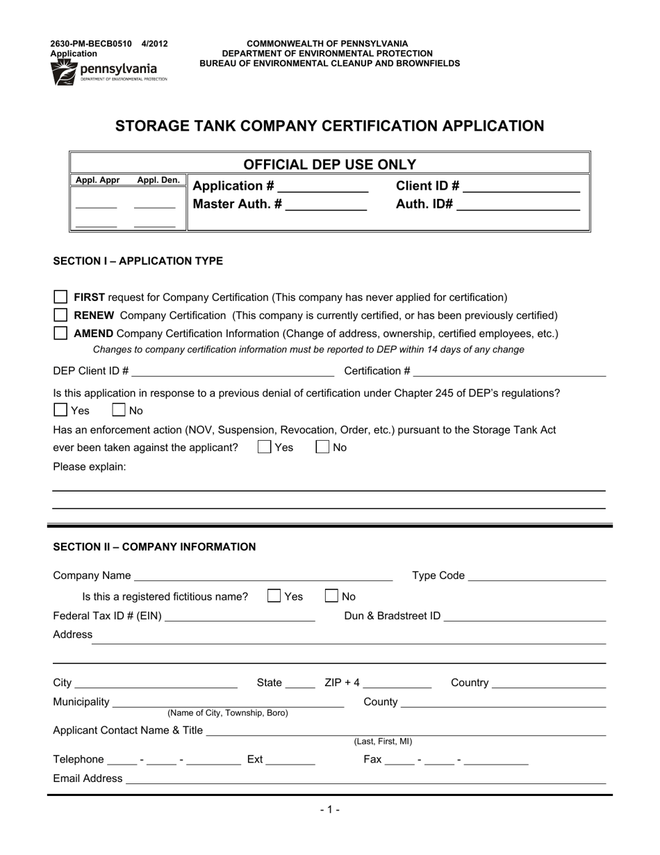 Form 2630-PM-BECB0510 Storage Tank Company Certification Application - Pennsylvania, Page 1