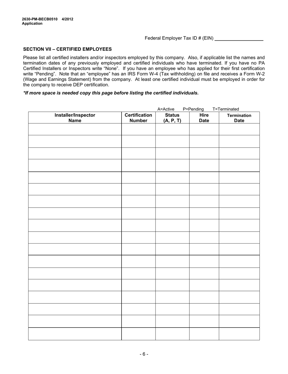 Form 2630-PM-BECB0510 Storage Tank Company Certification Application - Pennsylvania, Page 6