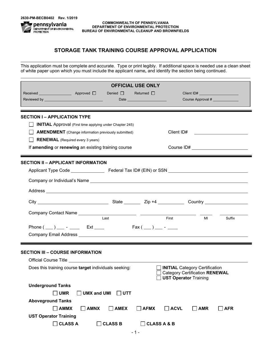 Form 2630-PM-BECB0402 Storage Tank Training Course Approval Application - Pennsylvania, Page 1