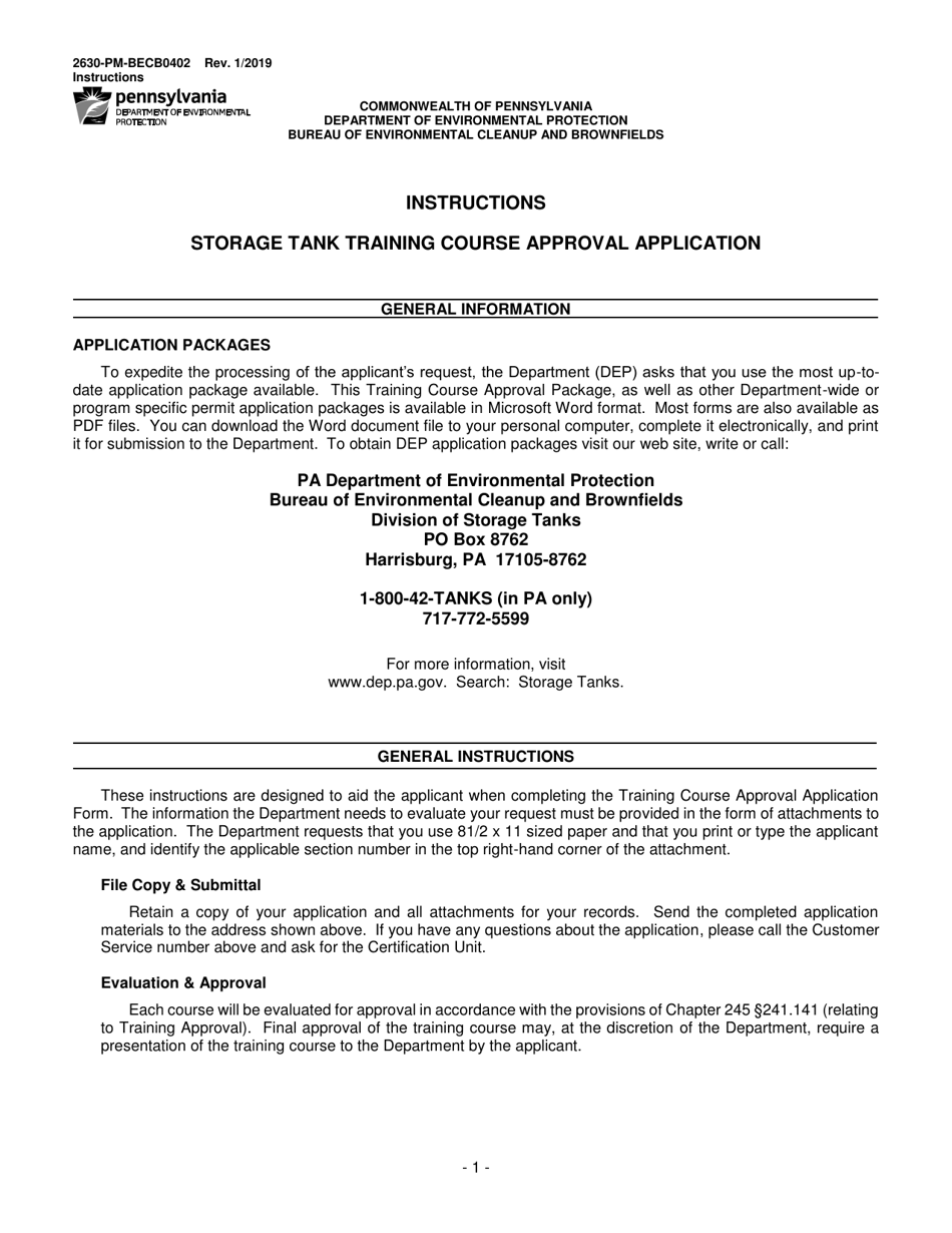 Instructions for Form 2630-PM-BECB0402 Storage Tank Training Course Approval Application - Pennsylvania, Page 1