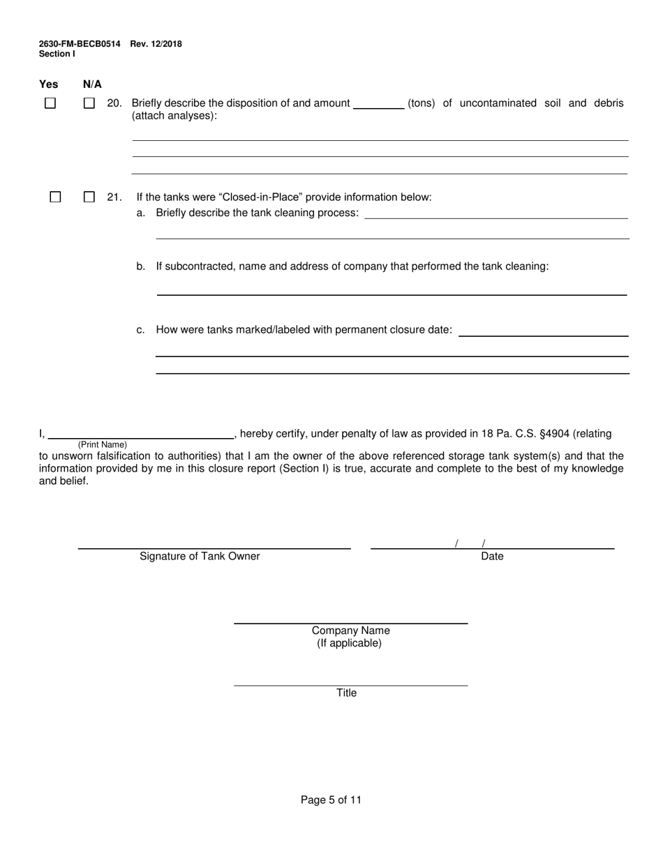 Form 2630-FM-BECB0514 Aboveground Storage Tank System Closure Report Form - Pennsylvania, Page 5