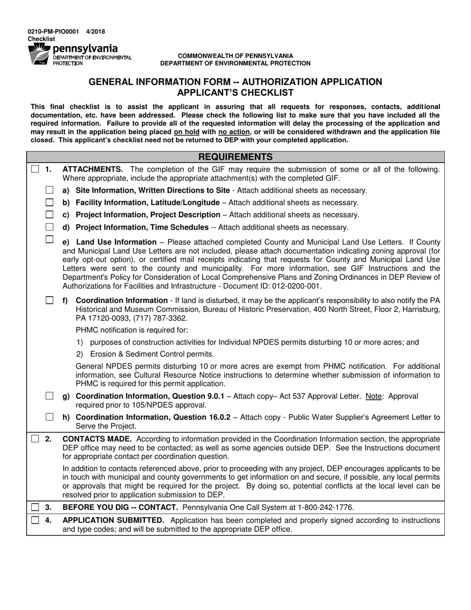 Form 0210-PM-PIO0001 General Information Form -authorization Application Applicants Checklist - Pennsylvania, Page 1
