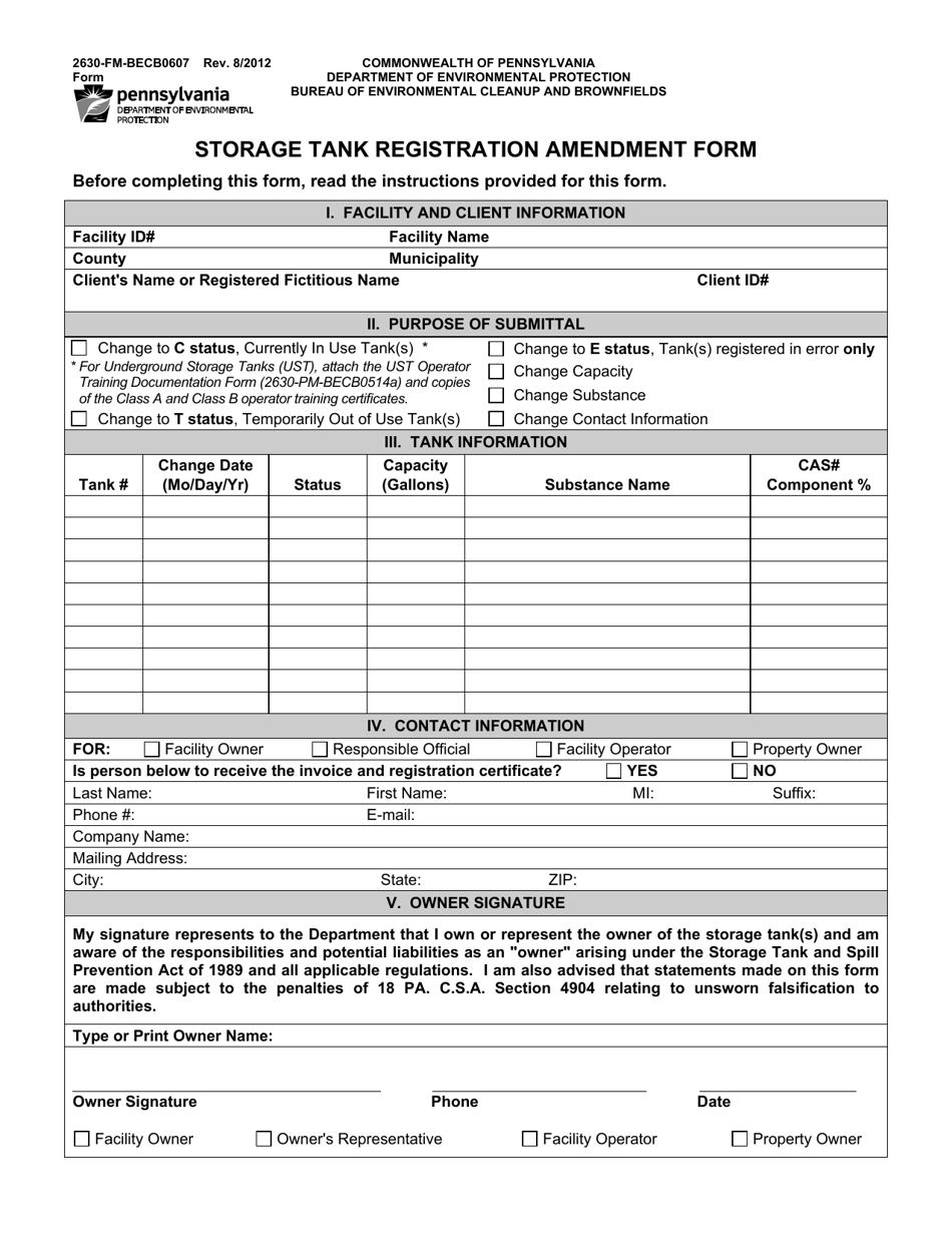 Form 2630-FM-BECB0607 Storage Tank Registration Amendment Form - Pennsylvania, Page 1