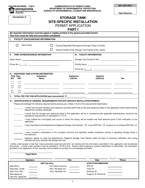 Form 2630-PM-BECB0002 Storage Tank Site-Specific Installation Permit Application - Pennsylvania