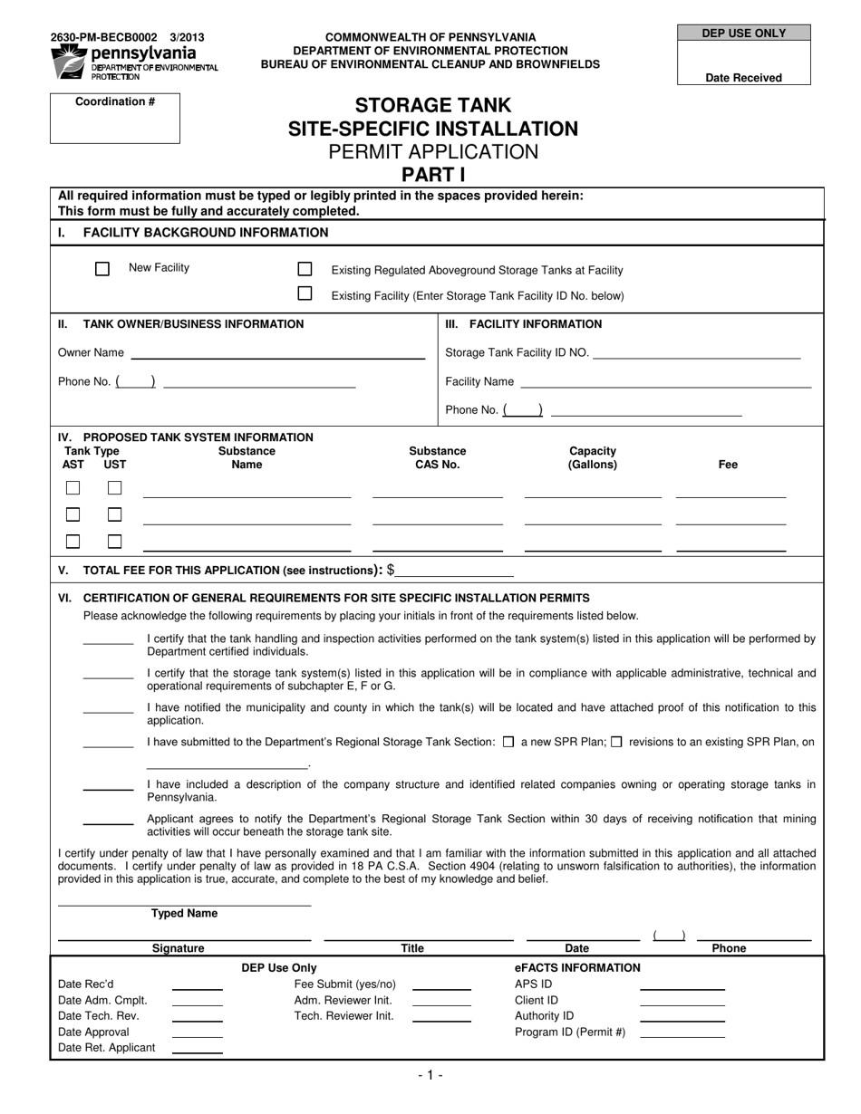 Form 2630-PM-BECB0002 Storage Tank Site-Specific Installation Permit Application - Pennsylvania, Page 1
