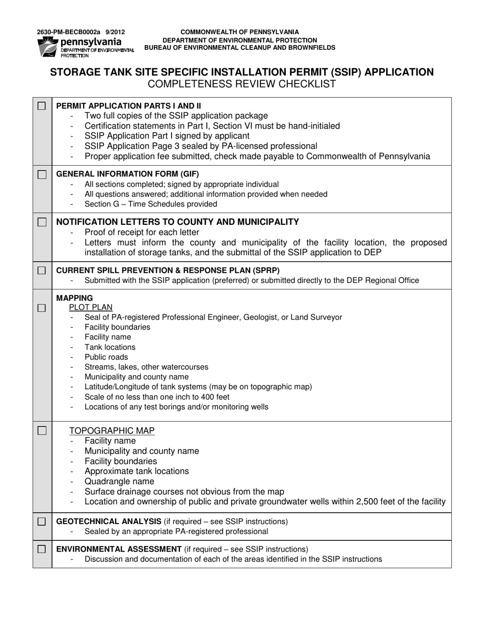 Form 2630-PM-BECB0002A Storage Tank Site Specific Installation Permit (Ssip) Application Completeness Review Checklist - Pennsylvania, Page 1