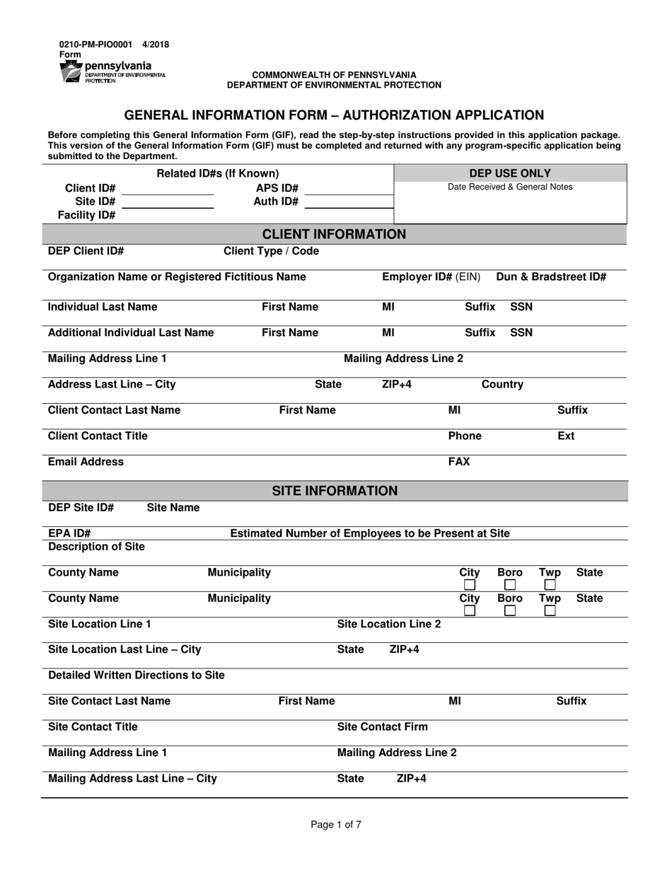 Form 0210-PM-PIO0001 General Information Form  Authorization Application - Pennsylvania, Page 1