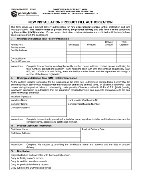 Form 2630-FM-BECB0003 New Installation Product Fill Authorization - Pennsylvania